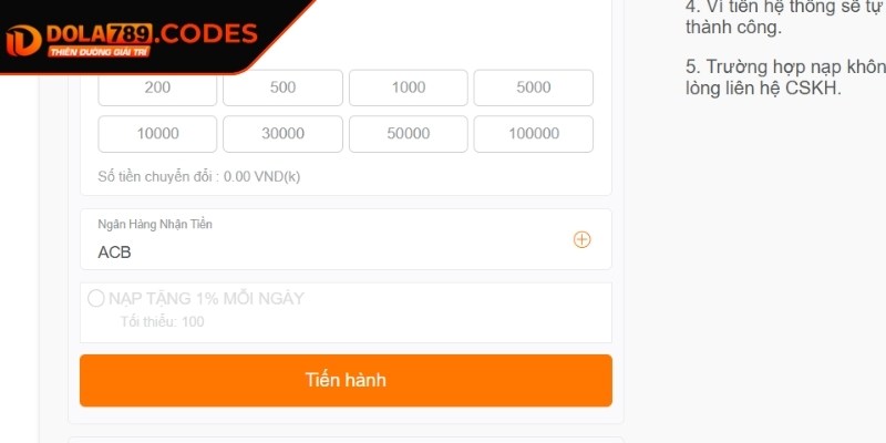 Nạp Rút Tiền dola789 2 Thao tác nạp tiền đơn giản